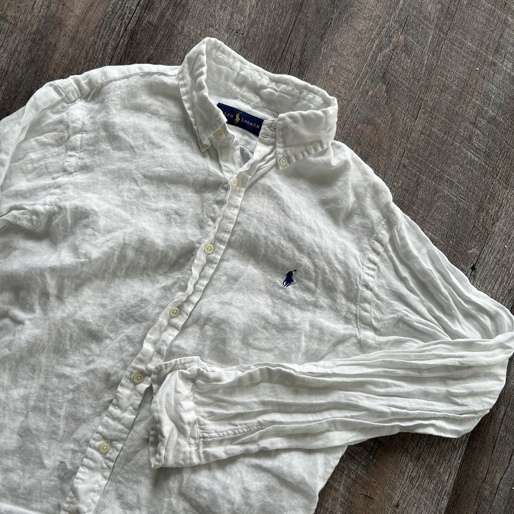 Polo Ralph Lauren Shirt Mens Small White Linen Button Down Custom Fit Casual